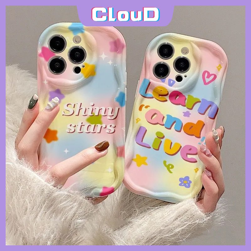 IPHONE Casing Kompatibel Untuk Iphone11 13 14 12 Pro Max 7Plus X XR 6s 6 7 8 Plus XS Max SE 2020 Gradasi Fantasi Bintang Mengkilap Huruf 3D Bergelombang Tepi Melengkung Glossy Shockproof Tpu Soft Case