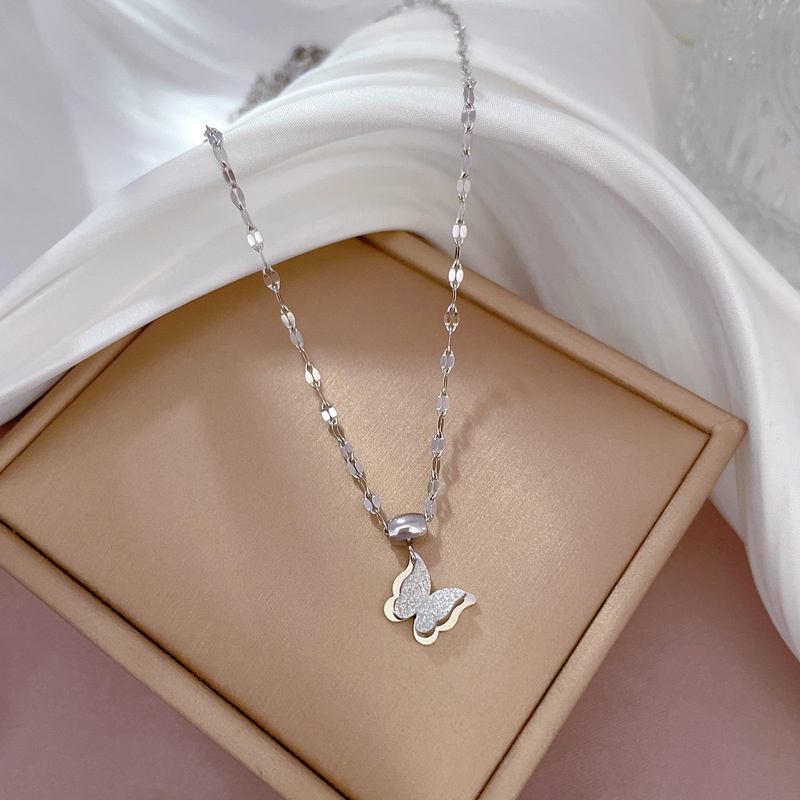 Xiaoboacc Titanium Steel Wanita Minimalis Kupu-Kupu Rantai Kalung Berlapis Emas Gadis Mewah Choker Perhiasan