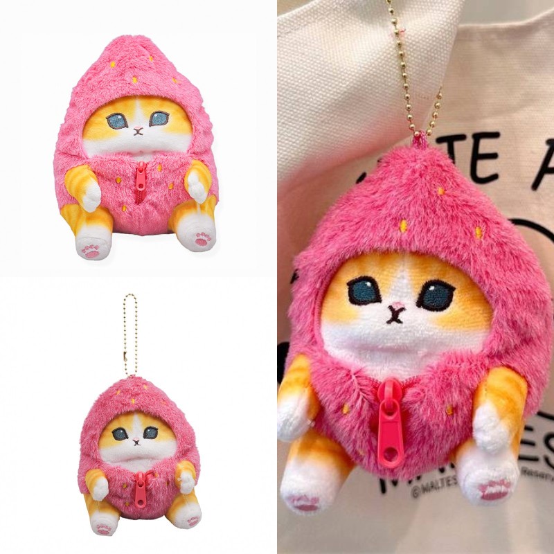 Liontin Boneka Cosplay Strawberry Mainan Mewah Kucing Lembut Dan Nyaman Untuk Dekorasi Rumah