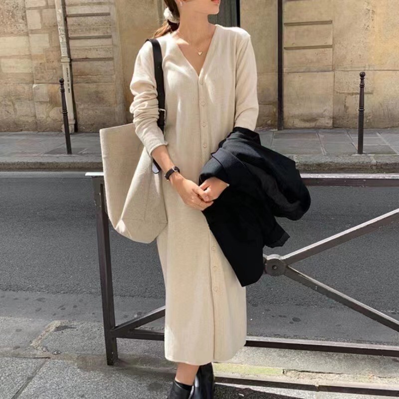 Dress Wanita Best Seller Premium V-leher Perancis di atas lutut panjang tengah kardigan belati 2023 