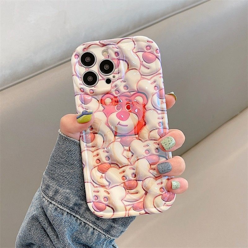 IPHONE Casing Ponsel Desain Banyak Strawberry Bears Cahaya Biru Kompatibel Dengan Iphone12 13 14 11 Pro Max X Xs Max Xr Ffrdv