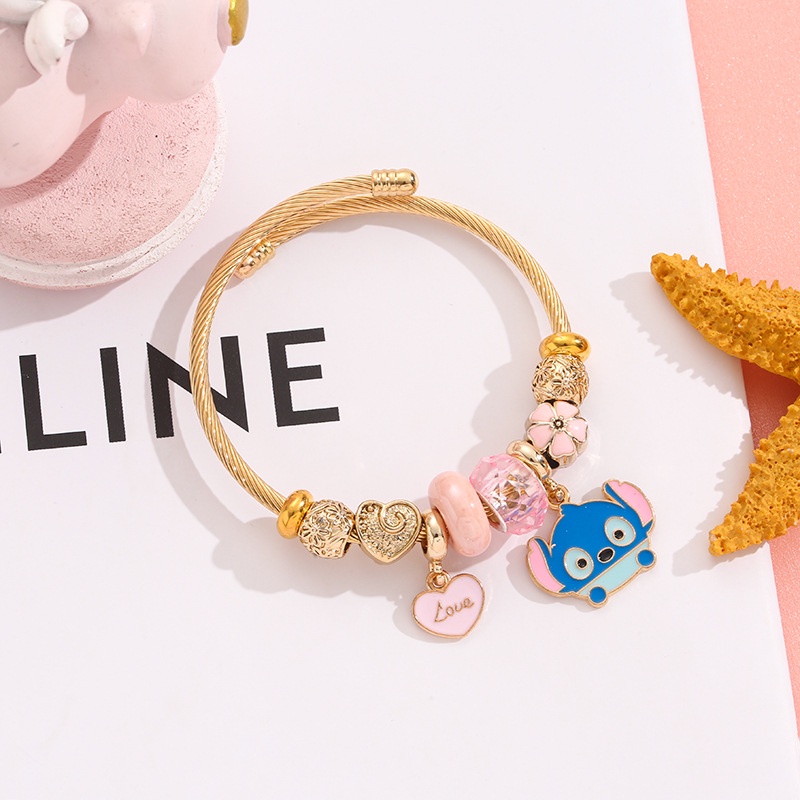 XiaoboACC DIY Kartun Indah Strawberry Bear Stitch Liontin Stainless Steel Terbuka Dapat Disesuaikan Gelang