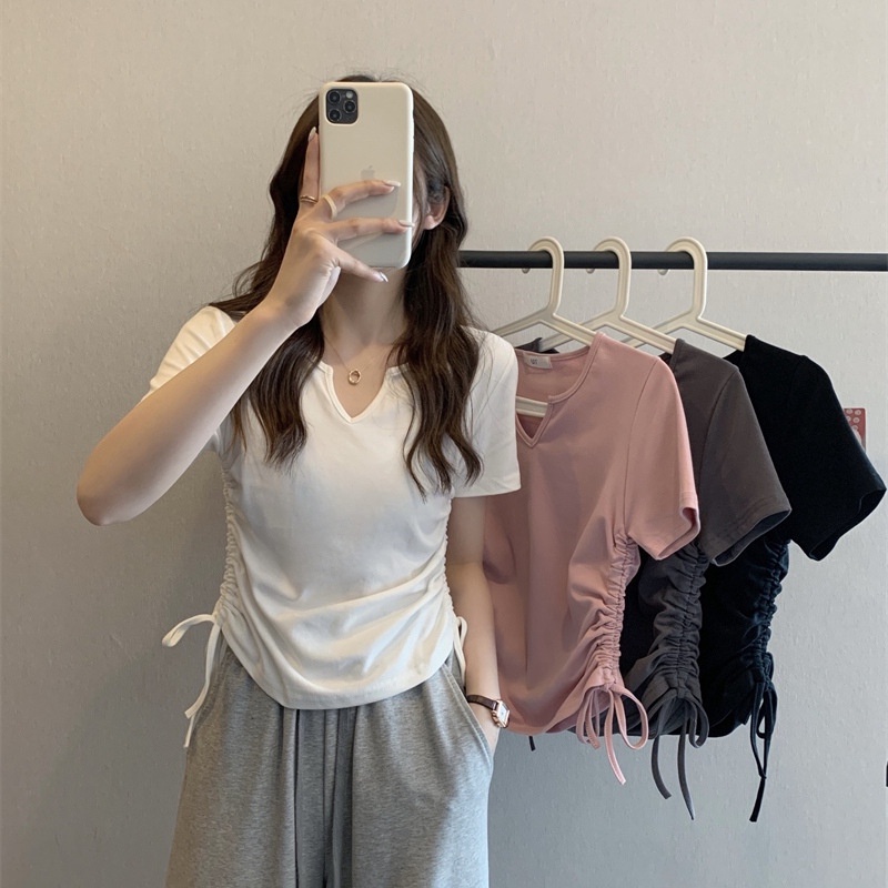 Crop Top WanitaShoulder V-neck T-shirt Short T-shirt Spicy Girl Top BM Summer SMFK Short Top Exposed