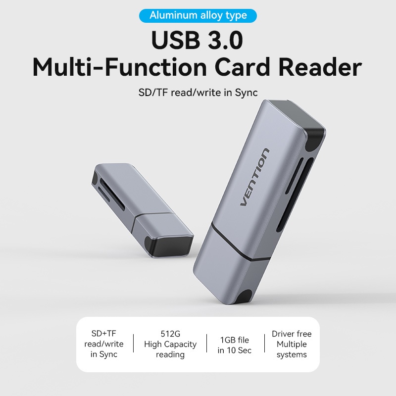 Vention USB-C Card Reader 3.0 512GB 5Gbps SD/TF Kartu Ganda Bahan Aluminium alloy Untuk Laptop Tablet Ponsel