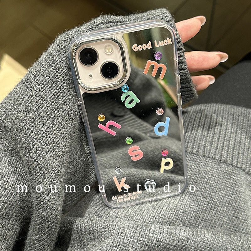IPHONE Cermin Wajah Huruf Keberuntungan Diy Desain Rantai Stik Berlian Casing Ponsel Kompatibel Dengan Iphone12 13 14 11 Pro Max X Xs Max Xr Drsfc