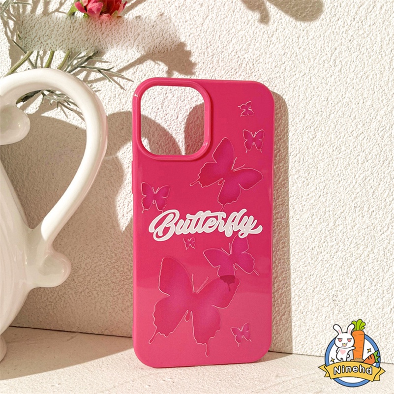 IPHONE Vintage Butterfly Barbie Rose Red Glossy Phone Case Kompatibel Untuk Iphone14 13 12 11 Pro Max X Xr Xs Max 8 7 6 6s Plus SE2020 Keringat Tahan Gores Silikon Lembut Tpu Penutup Belakang