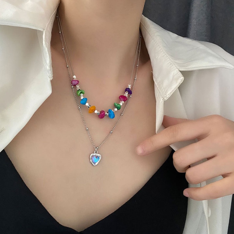Seven Colored Stone Love Pendant Double Necklace Aksesoris Cahaya Mewah Fashion Temperamen Rantai Klavikula