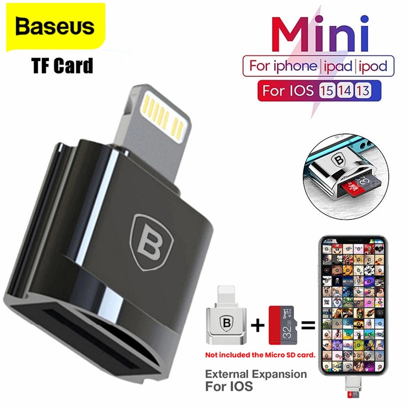 Baseus Adaptor Card Reader Mini Micro SD TF 8Pin OTG Pembaca Kartu Memori Untuk iPhone - 24h Kapal