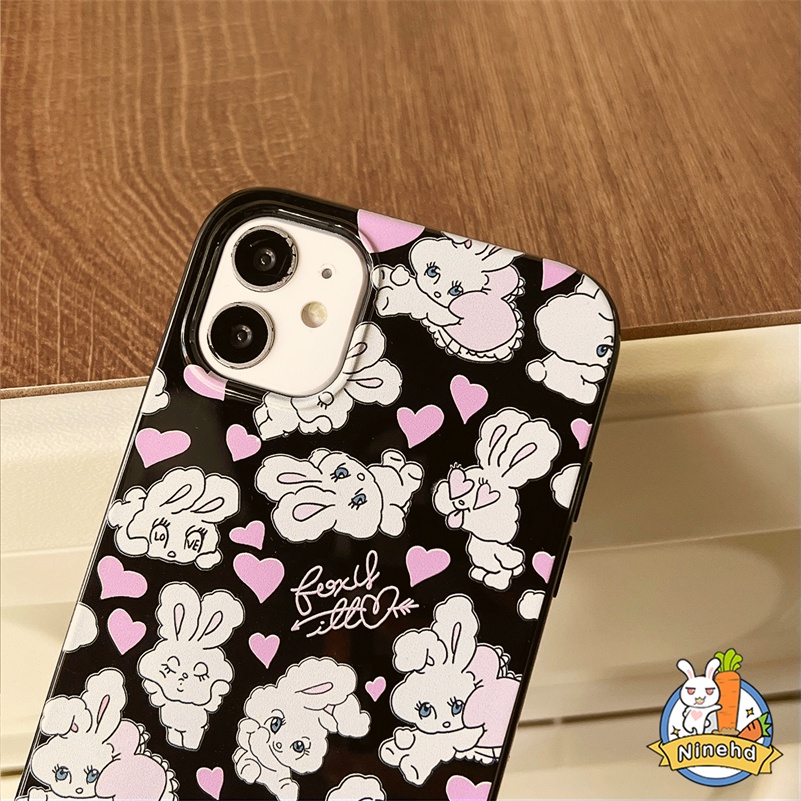 Ins Korea Little White Rabbit Glossy IPhone Case Kompatibel Untuk Iphone14 13 12 11 Pro Max X Xr Xs Max 8 7 6 6s Plus SE 2020 Hitam Shockproof Pembuangan Panas Silikon Soft Case