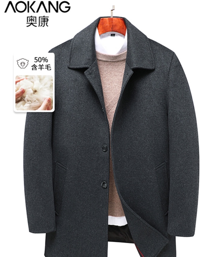 Jaket pria Aokang Men's Spring and Autumn Woolen Coat Business Lapel Mid length Coat Middle and Old 