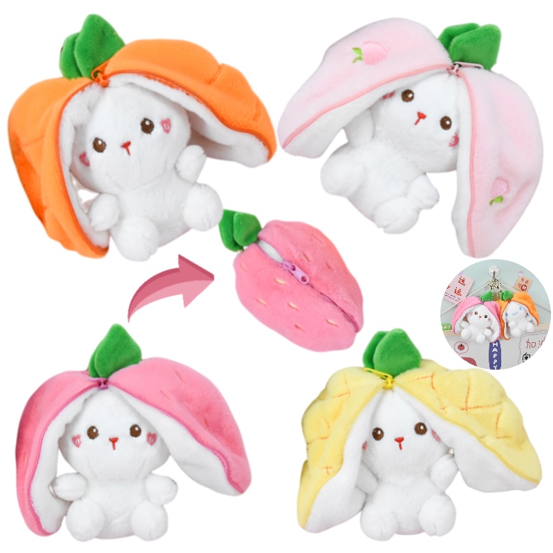 Gantungan Kunci Mainan Mewah Strawberry Bunny Lucu Liontin Boneka Transformasi Buah