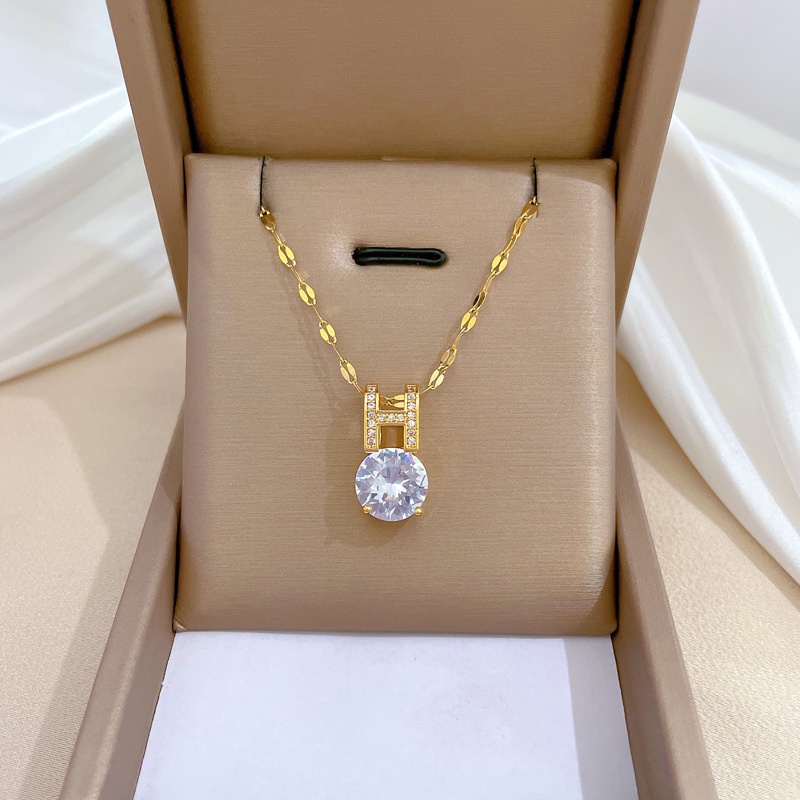 Xiaoboacc Titanium Steel Korea Fashion Zirkon Huruf H Liontin Gadis Micry Inlay Berlian Kerah Rantai Kalung Untuk Wanita