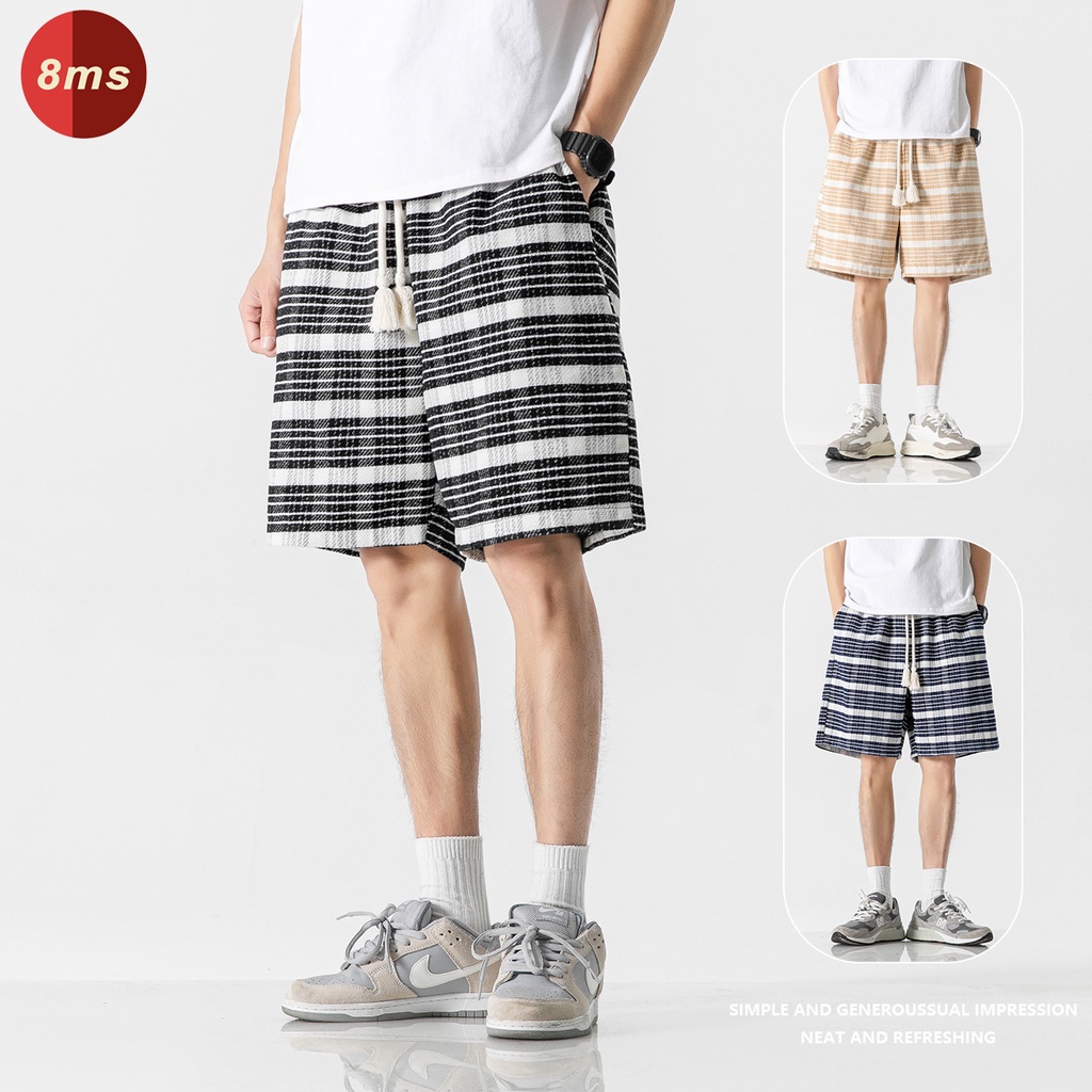 CELANA PENDEK COWO 8sm Summer Fashion Trend Brand Split Shorts Men's Loose Plaid Casual Drawstring American Middle Pants Trend