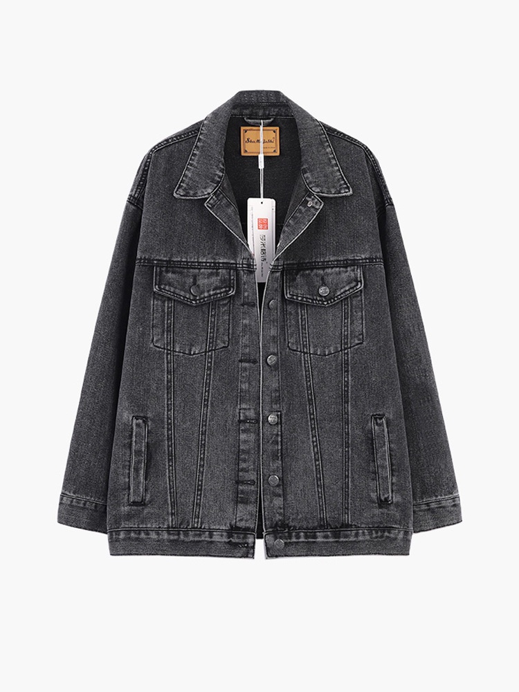 JACKET DENIM Jaket Jean hitam abu-abu baru di musim semi dan musim gugur lengan panjang wanita pasan