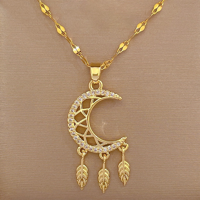 Xiaoboacc Titanium Steel Wanita Pesta Pernikahan Penangkap Mimpi Bulan Emas Rantai Kalung