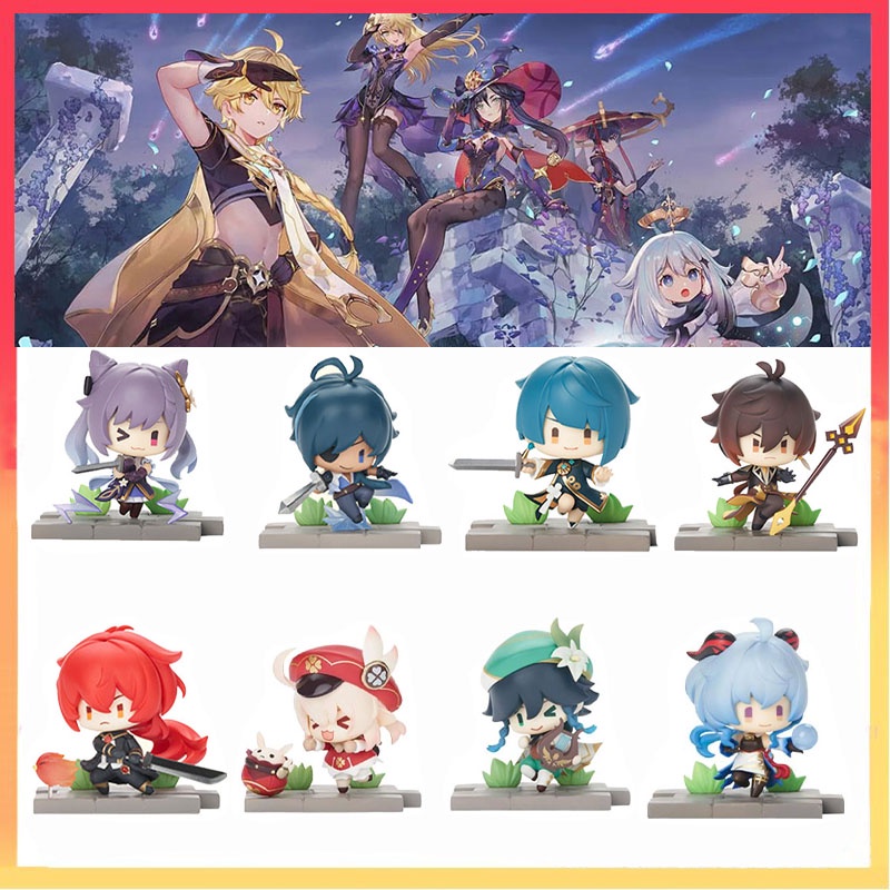 Genshin Impact Kaeya Diluc Xingqiu Keqing 7pcs/Set Qiqi Miniatur Kue Topper Zhongli Blind Box Game Karakter Boneka