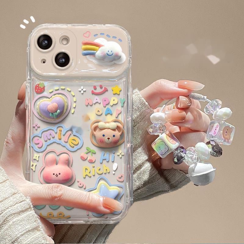 IPHONE Casing Ponsel Desain Liontin Gelombang Kelinci Beruang Awan Bening 3d Kompatibel Dengan Iphone12 13 14 11 Pro Max X Xs Max Xr Vfcf