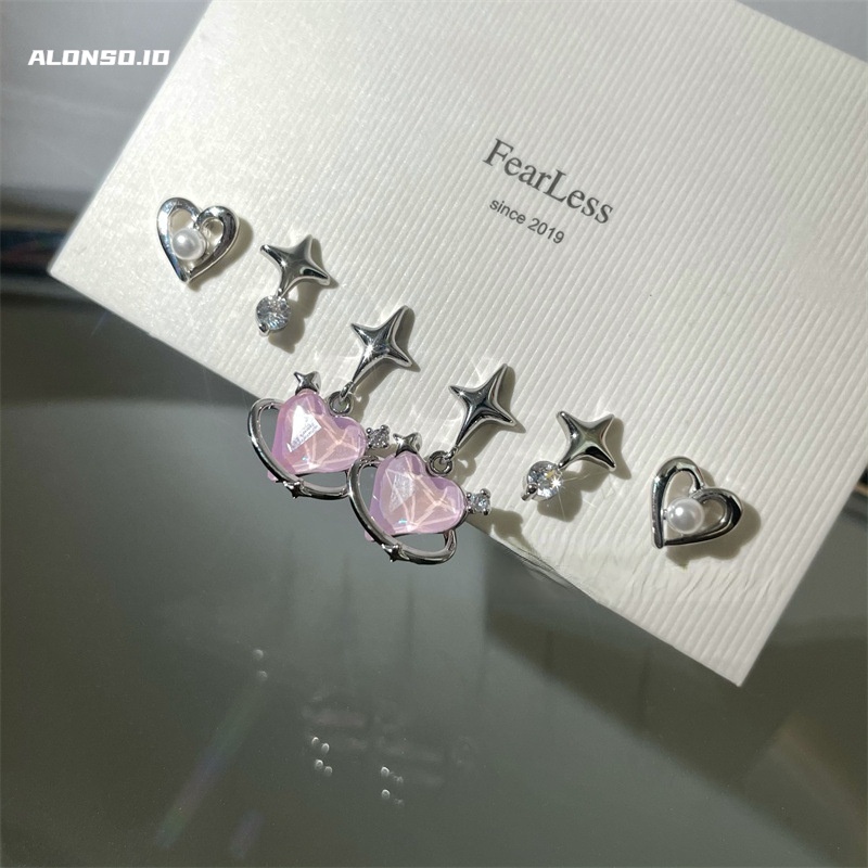 Anting Enam Potong Cinta Pink Aksesoris Temperamen Versi Korea