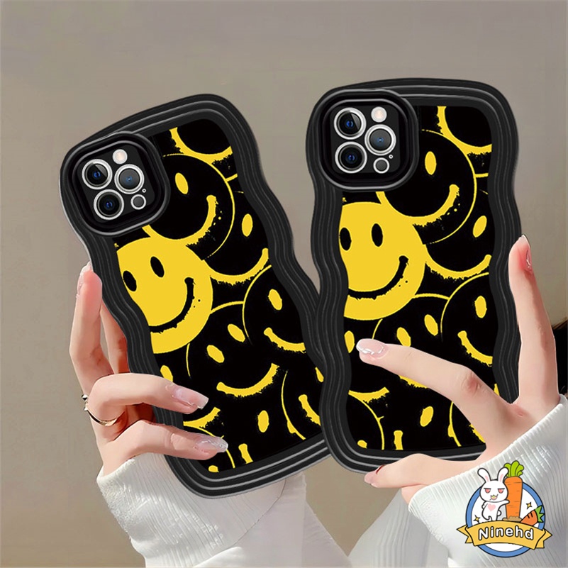 IPHONE Casing Kompatibel Untuk Iphone14 13 12 11 Pro Max X Xr Xs Max8 7 6 6s Plus SE 2020 Ins Fashion Simple Lucu Smiley Wavy Edge Phone Case Shockproof Matte Silikon Lembut Tpu Penutup Belakang