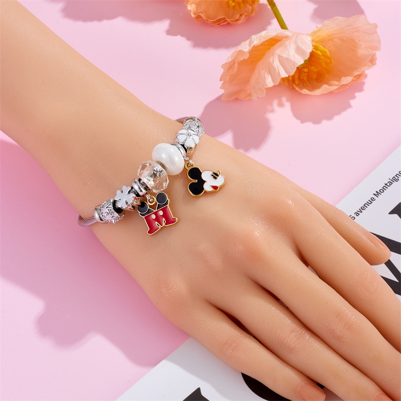 Xiaoboacc Gelang Perak Anti Karat Untuk Wanita Perempuan Indah Kartun Mickey Minnie Beads Bangles