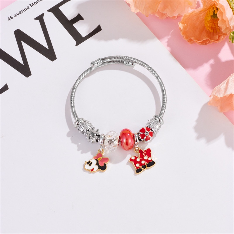 Xiaoboacc Gelang Perak Anti Karat Untuk Wanita Perempuan Indah Kartun Mickey Minnie Beads Bangles