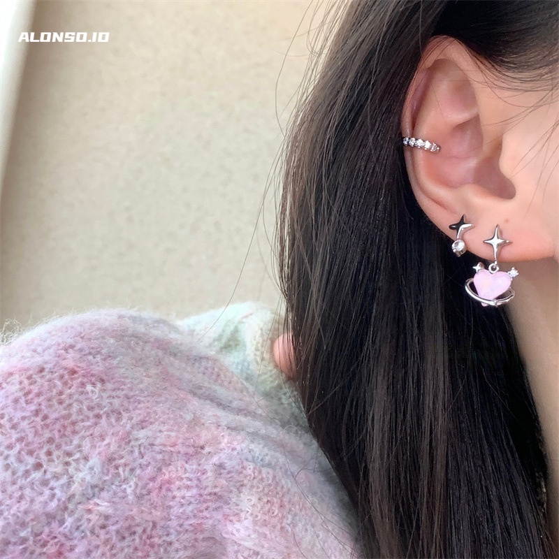 Anting Enam Potong Cinta Pink Aksesoris Temperamen Versi Korea