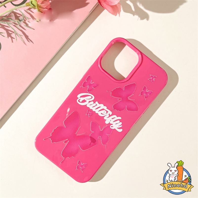 IPHONE Vintage Butterfly Barbie Rose Red Glossy Phone Case Kompatibel Untuk Iphone14 13 12 11 Pro Max X Xr Xs Max 8 7 6 6s Plus SE2020 Keringat Tahan Gores Silikon Lembut Tpu Penutup Belakang