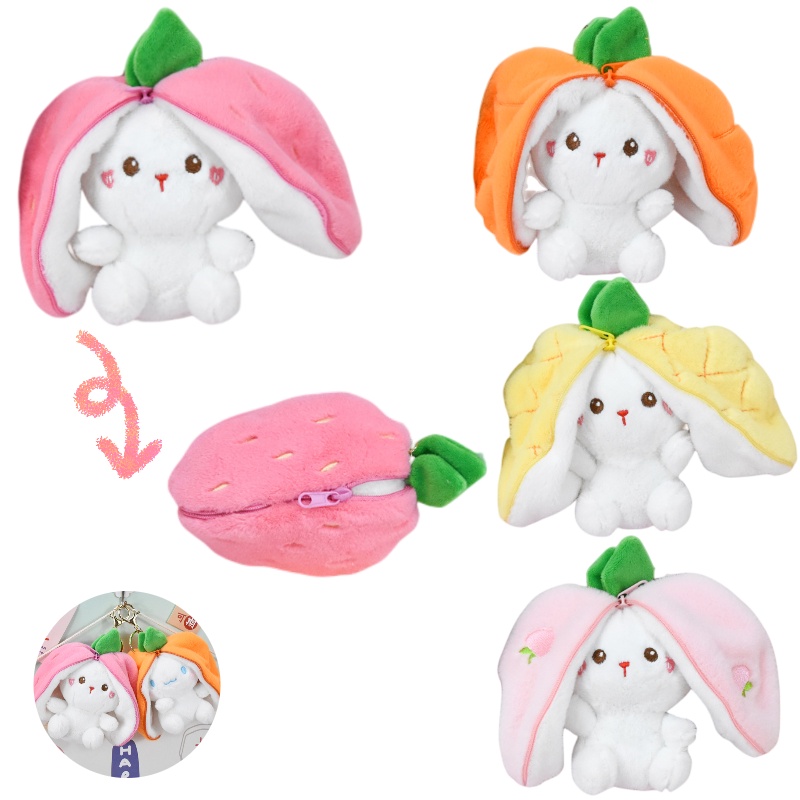 Gantungan Kunci Mainan Mewah Strawberry Bunny Lucu Liontin Boneka Transformasi Buah