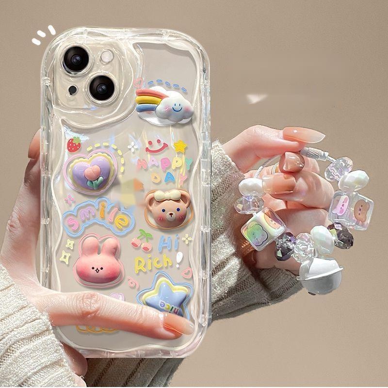 IPHONE Casing Ponsel Desain Liontin Gelombang Kelinci Beruang Awan Bening 3d Kompatibel Dengan Iphone12 13 14 11 Pro Max X Xs Max Xr Vfcf