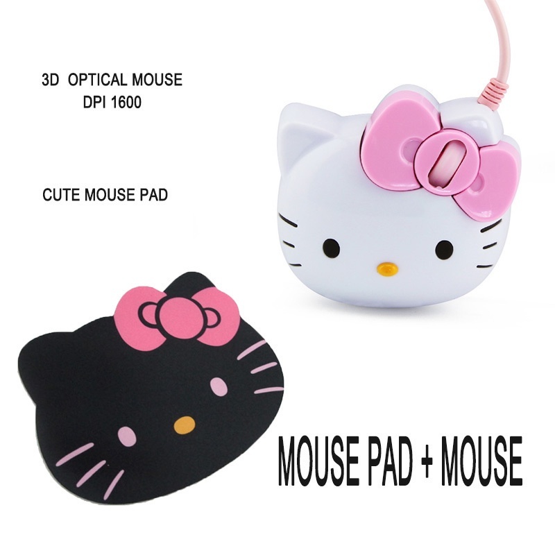 Kartun Kitty Wired Mouse+Mouse Pad Set Ergonomical Mouse 3D 1600DPI Kitty Cat Head Mouse+Mouse Pad Set Cute Kitty Mouse Girl Mouse Mouse Anak Mouse Kitty Mouse