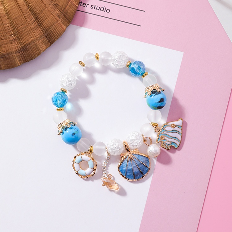 Xiaoboacc Gelang Manik-Manik Kristal Warna-Warni Shell Gaya Laut Fashion Wanita