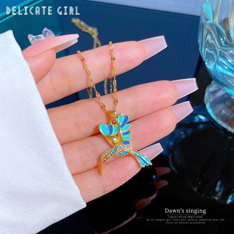 Xiaoboacc Baja Titanium Wanita Fashion Mewah Colorful Woodpecker Zirkon Klavikula Rantai Kalung