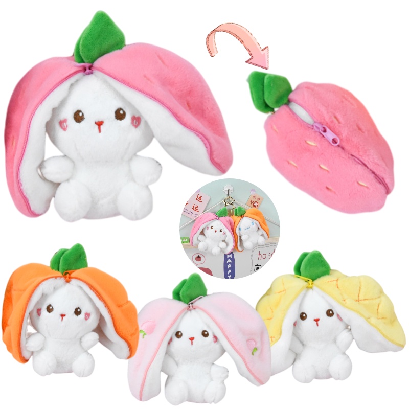 Gantungan Kunci Mainan Mewah Strawberry Bunny Lucu Liontin Boneka Transformasi Buah