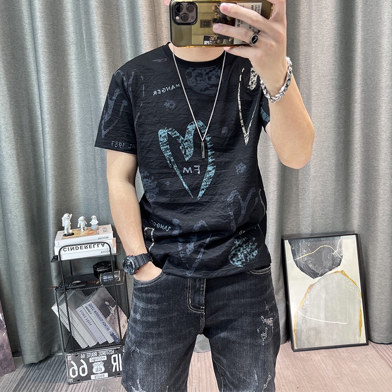 KAOS KEREN PRIA Tian Si Cotton Hemp T-shirt Men's Summer Letter Printing Hemp Short Sleeve T-shirt M