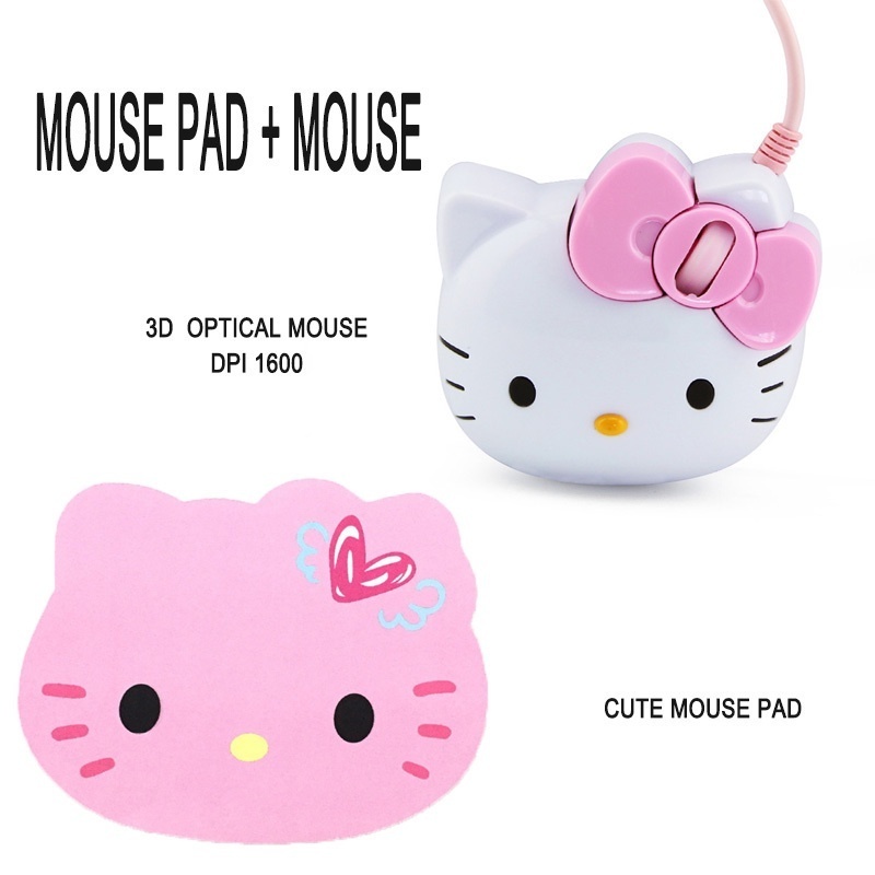 Kartun Kitty Wired Mouse+Mouse Pad Set Ergonomical Mouse 3D 1600DPI Kitty Cat Head Mouse+Mouse Pad Set Cute Kitty Mouse Girl Mouse Mouse Anak Mouse Kitty Mouse