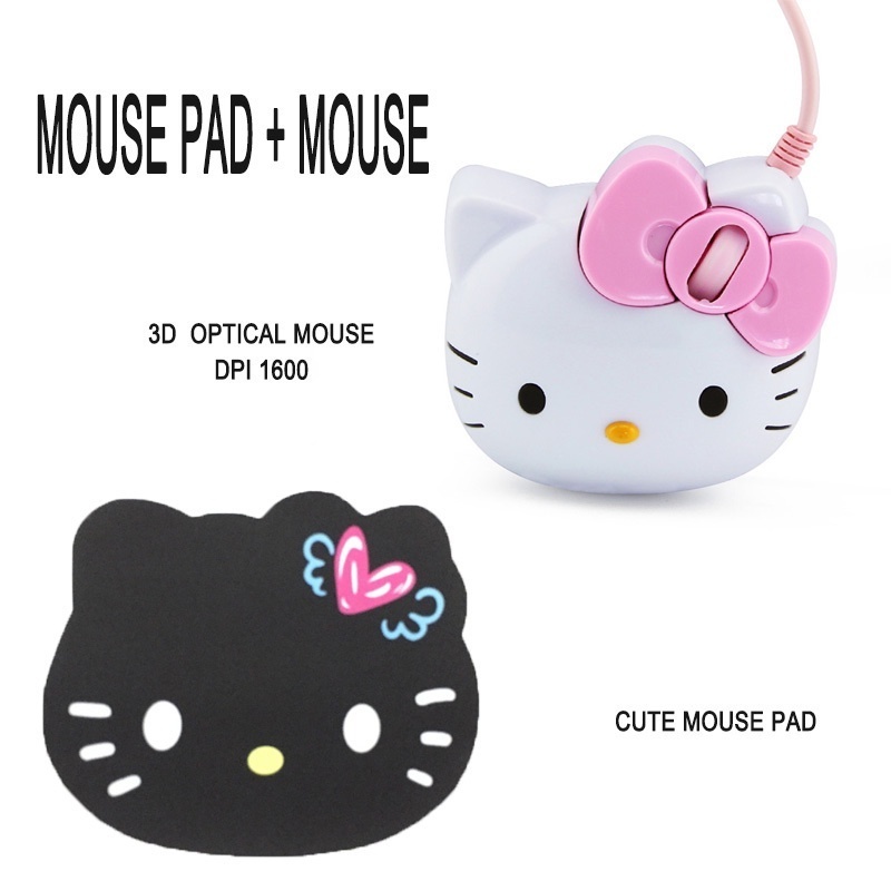 Kartun Kitty Wired Mouse+Mouse Pad Set Ergonomical Mouse 3D 1600DPI Kitty Cat Head Mouse+Mouse Pad Set Cute Kitty Mouse Girl Mouse Mouse Anak Mouse Kitty Mouse