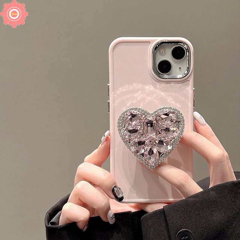 3d Berlian Cinta Hati Bracket Soft Phone Case Kompatibel Untuk IPhone 7plus 11 13 14 12 Pro MAX X XR 7 8 Plus XS MAX Sederhana Warna Macaron Soft Holder Cover Pelindung