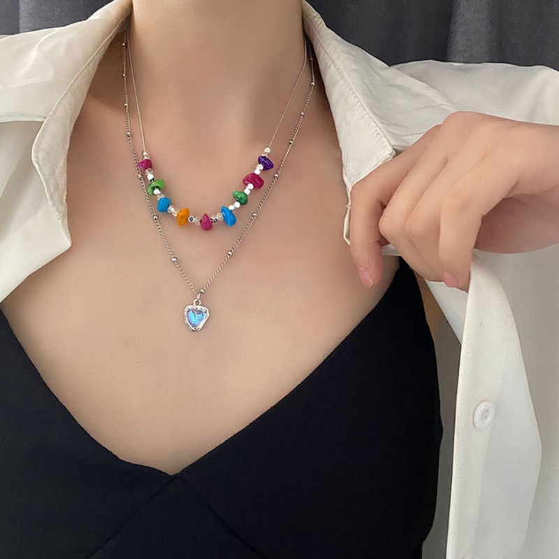 Seven Colored Stone Love Pendant Double Necklace Aksesoris Cahaya Mewah Fashion Temperamen Rantai Klavikula