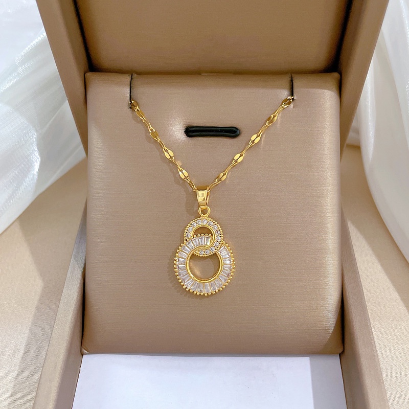 Xiaoboacc Kalung Rantai Kerah Zircon Lapis Emas Titanium Steel Cincin Ganda Untuk Wanita