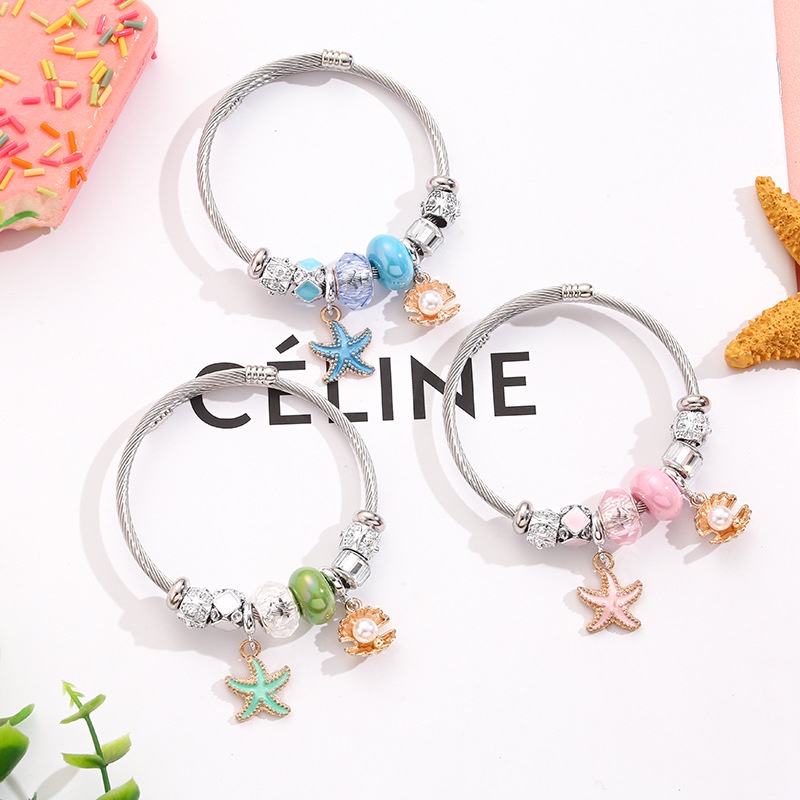 XiaoboACC Manik-Manik Liontin Mutiara Shell Bintang Laut Stainless Steel DIY Buka Gelang Yang Dapat Disesuaikan