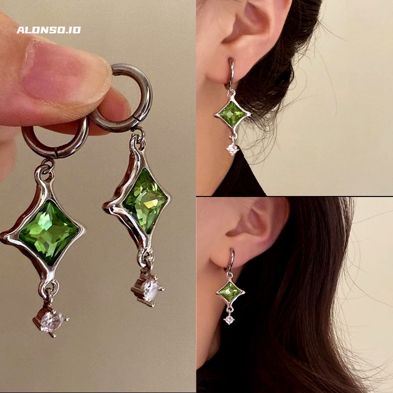 Aksesoris Anting Kristal Hijau Temperamen Kepribadian Hip Hop