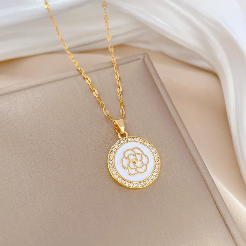 Xiaoboacc Titanium Steel Camellia Rantai Kalung Untuk Wanita Mewah Micro Inlay Berlian Klavikula Necklace