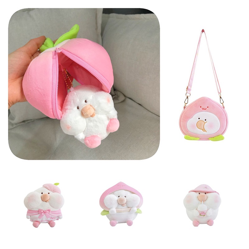 20cm/9cm Toby Peach Mainan Mewah Boneka Boneka Bantal Keluar Penyimpanan Messenger Bag Gadis Hadiah