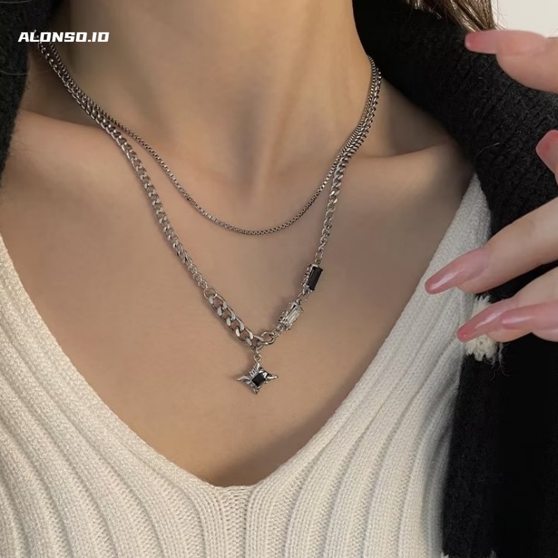 Aksesoris Kalung Bintang Awn Multilayer Berlian Ganda Tren Retro Mewah Ringan