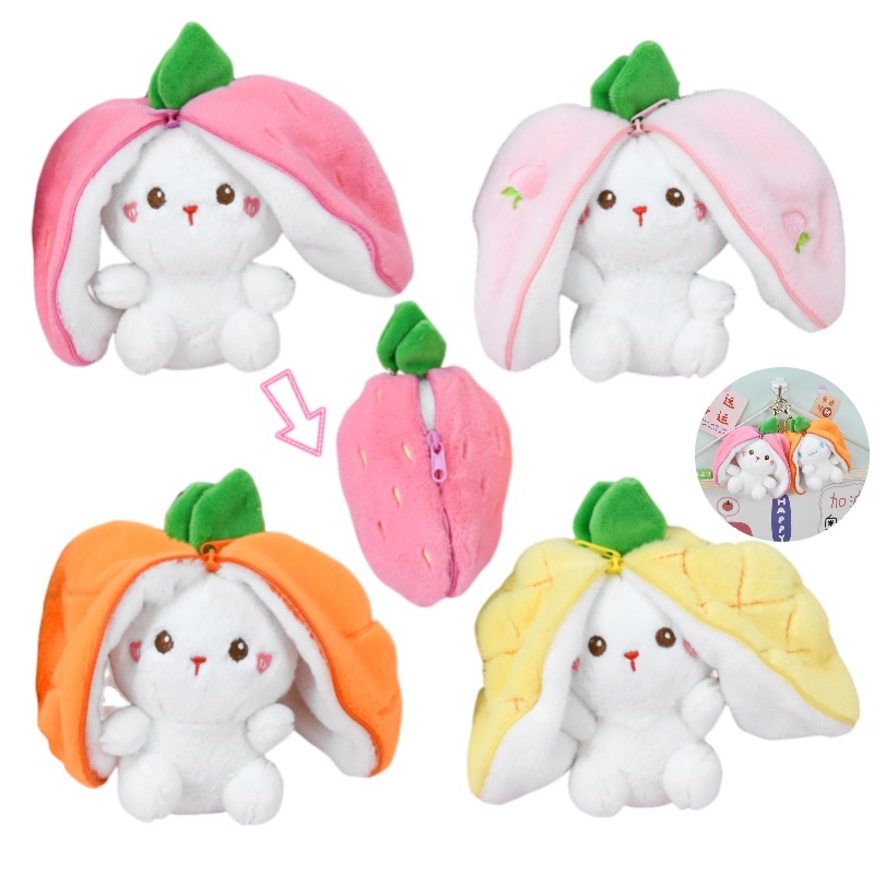 Gantungan Kunci Mainan Mewah Strawberry Bunny Lucu Liontin Boneka Transformasi Buah