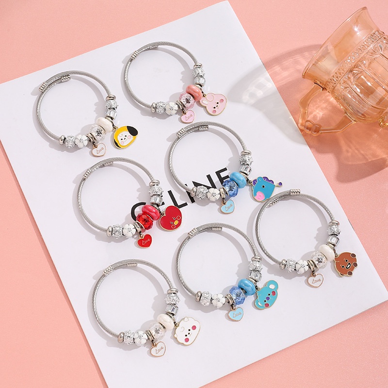 XiaoboACC Fashion Korea Kpop BTS Idol Gambar Kartun Liontin DIY Stainless Steel Terbuka Dapat Disesuaikan Gelang