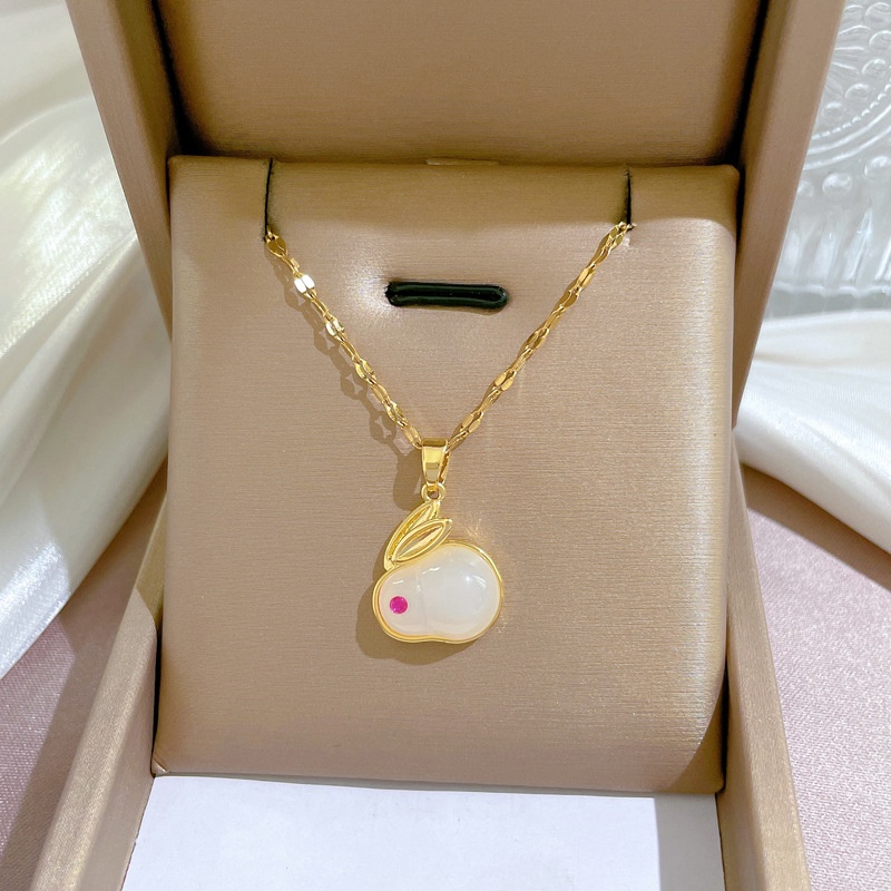 Xiaoboacc Baja Titanium Wanita Fashion Berlian Kelinci Hewan Berlapis Emas Clavicel Rantai Kalung