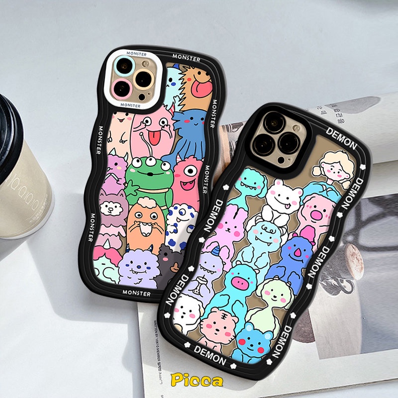 Case Monster Kecil Lucu Imut Kompatibel Untuk IPhone XR 11 13 12 14 Pro Max 7Plus 6s 6 7 8 Plus X XS Max14 Plus SE 2020 Kartun Hewan Lembut Bergelombang Tepi Belakang Ponsel Cover