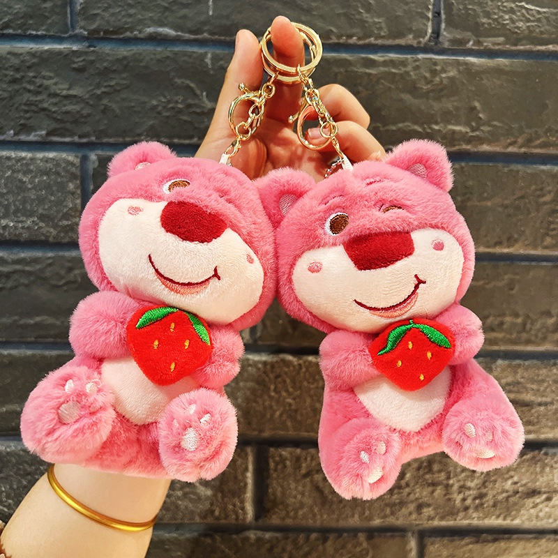 Gantungan Kunci Strawberry Bear Mewah Pendek Menggemaskan Untuk Dan Ransel