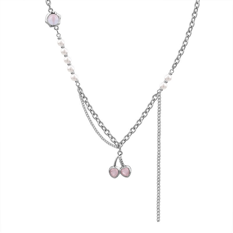 Aksesoris Kalung Rumbai Mutiara Disambung Versi Korea Ringan Mewah Pink Cherry Pendant Rantai Klavikula